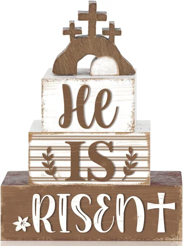 Vista 10 de 4 piezas de decoración de mesa de Pascua con texto en inglés «Happy Easter Every Bunny», letrero de madera de conejito pastel, bloques de madera