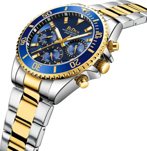 Vista 2 de BIDEN Relojes para hombre, cronógrafo, acero inoxidable, impermeable, fecha, analógico, de cuarzo, relojes de pulsera para hombres