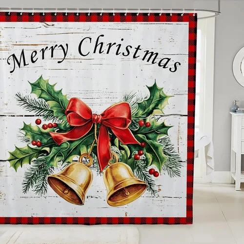 Vista 25 de Homewish Cortina de ducha de árbol de Navidad, juego de cortina de ducha de baño con diseño de copo de nieve dorado para niños y adultos, cortina