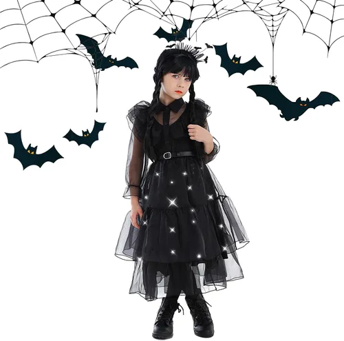 Vista 7 de Disfraz iluminado para niñas, disfraces de Halloween con cinturón, collar, calcetines, banda para el cabello, varita
