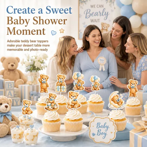 Vista 2 de ALISSAR We Can Bearly Wait - Decoraciones para baby shower, 36 adornos para cupcakes de oso azul
