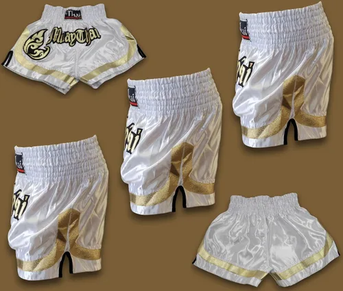 Vista 3 de MMA Boxeo Muay Thai Shorts en satén blanco negro oro corte letras