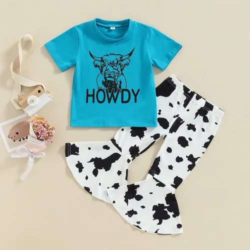 Vista 37 de fhutpw Conjunto de camiseta de manga corta con estampado de vaca y pantalones acampanados de dibujos animados para niñas
