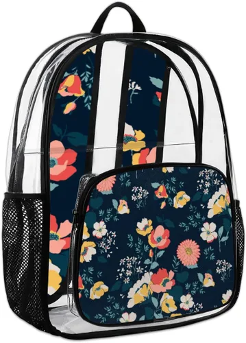 Vista 6 de Ghusang - Mochila transparente con diseño de flores, aprobada para estadios, impermeable, bolsa transparente transparente para conciertos, trabajo