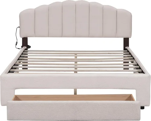 Vista 4 de Cama de plataforma tapizada tamaño Queen con un cajón de almacenamiento, base de cama LED inteligente multifuncional con cabecera de forro polar