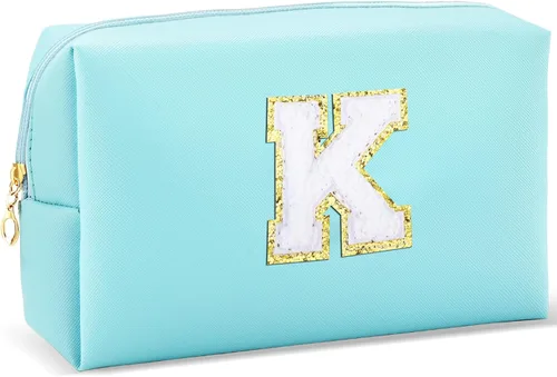 Vista 10 de URSKYTOUS Regalos para niñas, bolsa de maquillaje con inicial, bolsa de cosméticos personalizada con cremallera, bonita bolsa de aseo de viaje, Azul