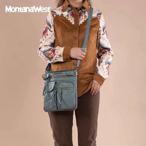 Vista 2 de Montana West Crossbody Bag for Women Multi Pocket Shoulder Medium Travel Purses Ultra Soft Washed Leather