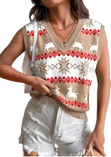 Vista 11 de JULYCLO Chaleco de Suéter Navideño para Mujer, Suéter Feo de Renos Tejidos y Copo de Nieve, Estilo Casual, con Cuello en V, Sin Mangas, Parte Negro