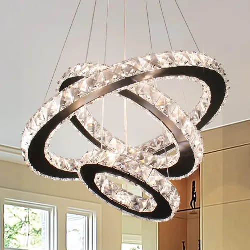 Vista 11 de Lámparas de araña LED de cristal, lámpara colgante moderna para comedor, lámpara de techo ajustable con 3 anillos, de acero inoxidable, blanco frío