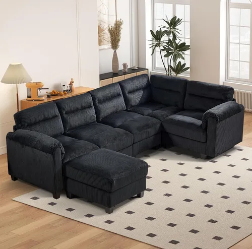 Vista 90 de HAOMARKETS Sofá esquinero modular en forma de L de 115 pulgadas con 2 otomanas móviles, sofás de pana de 8 plazas con cojín grueso para sala de Beige