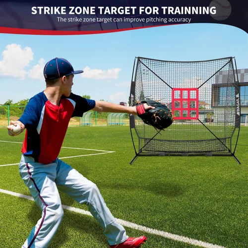Vista 5 de BAGAIL 7x7 ft Baseball Softball Practice Net Sturdy Bow Frame, Heavy-Duty Mesh for Strong Hits, Including 2 Strike Zones, Carry Bag, Ground