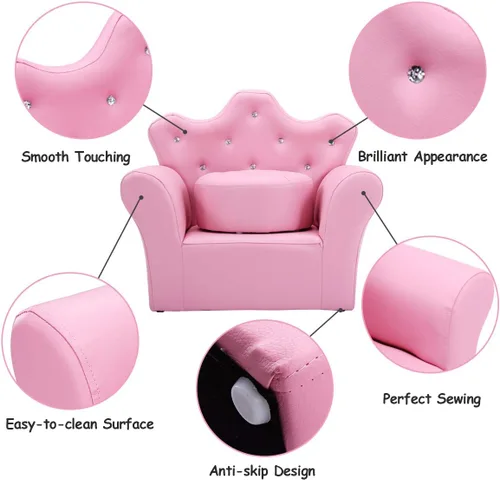 Vista 5 de Sofá para niños de Costzon, sofá tapizado para niños con otomano, sofá de princesa con decoración de diamantes, otomano, silla para niños de PVC