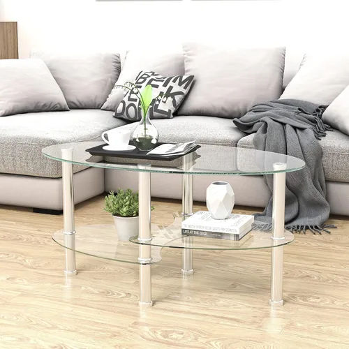 Vista 2 de Mesa de centro ovalada de cristal, moderna mesa de centro transparente con estante inferior, patas de madera, mesa auxiliar auxiliar para sala