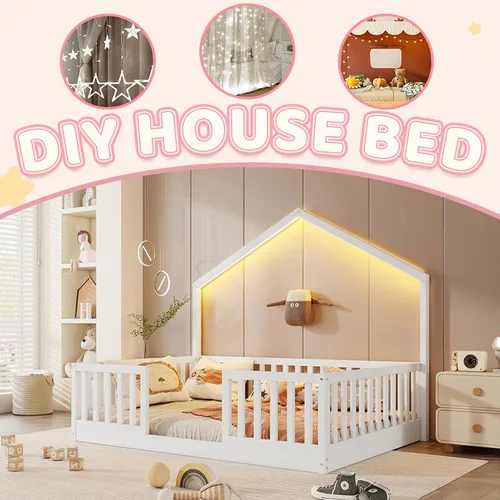 Vista 3 de Cama Montessori Full con rieles altos y luz LED, color blanco