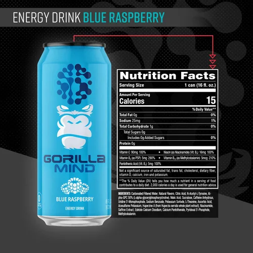 Vista 2 de Gorilla Mind Bebida energética Energía inigualable · Enfoque amplificado N-acetil-L-tirosina, alfa-GPC, 200 mg de cafeína, uridina, azafrán 0