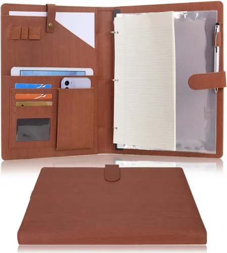 Vista 15 de Portafolio WONDERPOOL A4 de piel sintética con anillo, estuche para documentos con portafolio extraíble, multibolsillo y bloc legal para organizador