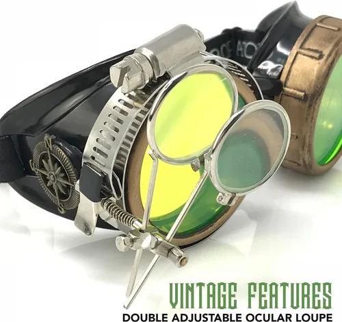 Vista 22 de Lentes estilo victoriano Steampunk con diseño de brújula, lentes de colores y lupa ocular