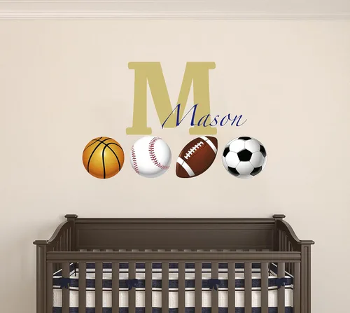 Vista 3 de Calcomanía de pared con nombre personalizado con inicial y pelotas deportivas, decoración artística de pared de fútbol, béisbol, baloncesto, fútbol