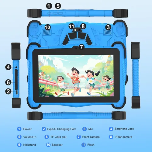 Vista 5 de Tablet Android 15 de 7 pulgadas para niños, 10 GB de RAM 64 GB de ROM, almacenamiento expandible de 1 TB, pantalla de protección ocular, control Azul