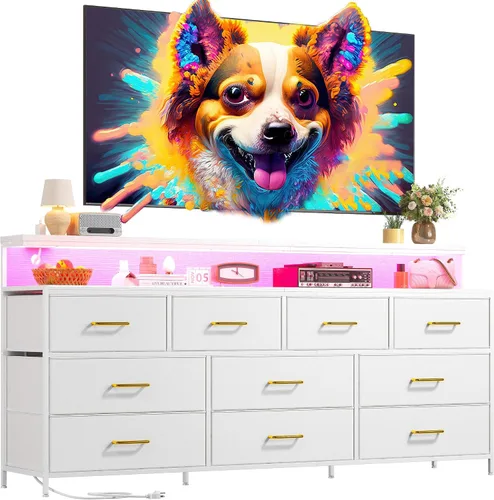 Vista 10 de EnHomee - Cómoda negra de 55 pulgadas de ancho para dormitorio con 10 cajones, LED y tomas de corriente Two Open Shelves for Easy Access, Large