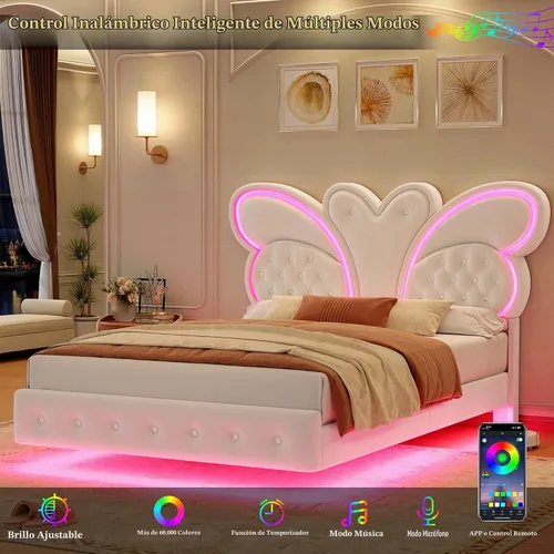 Vista 3 de Keyluv Marco de cama Queen con cabecera tapizada con patrón de mariposa, cama flotante moderna con luces LED, botones tapizados en cabecera y Beige