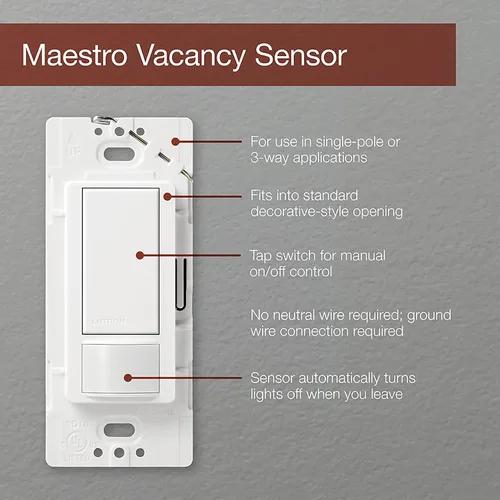 Vista 8 de Lutron Maestro Vacancy - Interruptor de luz con sensor de movimiento para baño, garaje, lavandería y armario, para cualquier bombilla, solo apagado