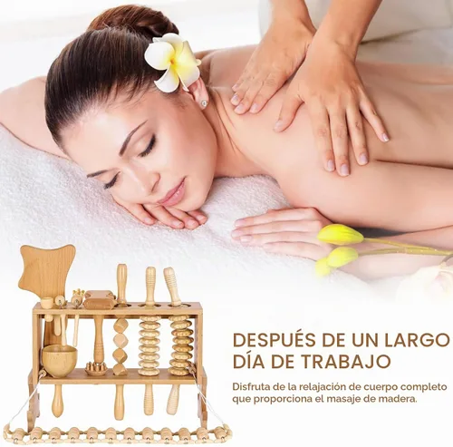 Vista 9 de Meifuly Herramientas de masaje de terapia de madera 13 en 1 con estante de almacenamiento de lujo, kit completo de masajeador de madera