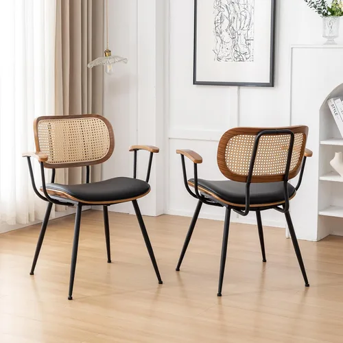 Vista 6 de Juego de 2 sillas de comedor de ratán, sillas auxiliares de cocina modernas de mediados de siglo, sillas de escritorio con patas de metal, sillas