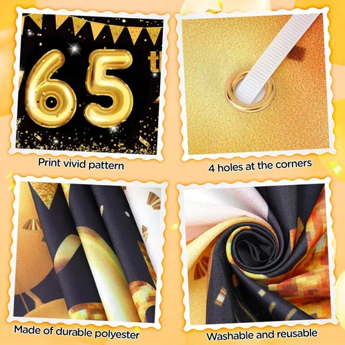 Vista 7 de Decoraciones de cumpleaños número 65 para hombres y mujeres, cartel negro y dorado para patio y 18 globos de feliz cumpleaños para suministros