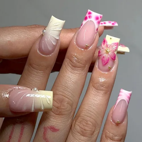 Vista 23 de Uñas postizas largas a presión, color negro, diseño francés y floral, 24