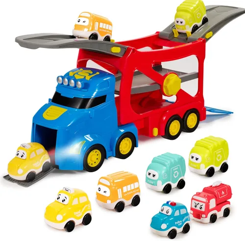 Vista 9 de Vroomix Camiones de Juguete Extra Grandes para Niños Pequeños, Camiones de Ciudad de 3 Niveles para Niños, Camión Transportador Grande 7 en 1