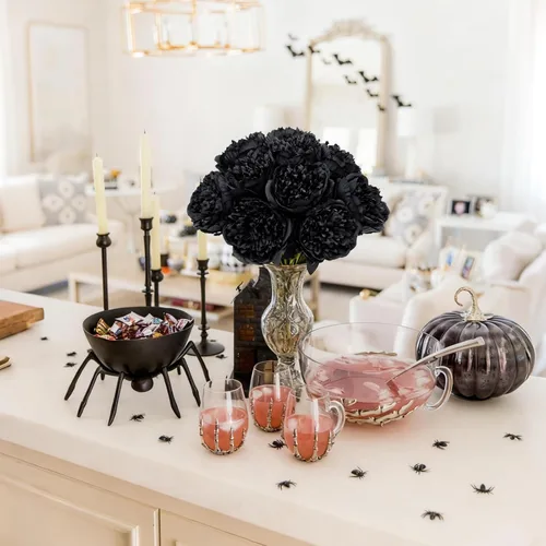 Vista 7 de U'Artlines 10 cabezas de peonías artificiales de seda, hojas y flores para decoración del hogar, oficina, bodas, fiestas, festivales y bares (negro)