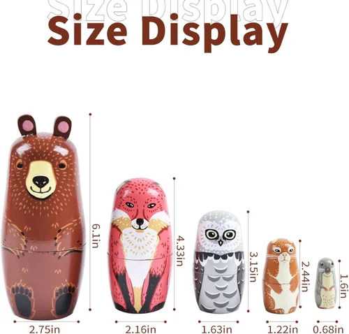 Vista 2 de Muñecas rusas "matrioskas", 5 unidades, 15 cm de alto, diseño de animales, huevos de Pascua, juguetes de anidación, muñecas de madera hechas a mano