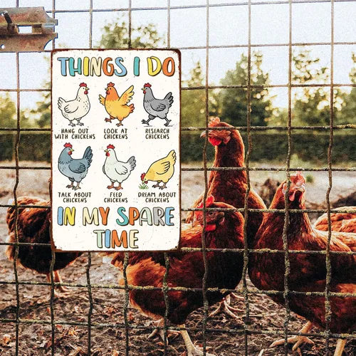 Vista 6 de GLOBLELAND Cartel de metal de pollo de dibujos animados coloridos de 8 x 12 pulgadas con texto en inglés "Things I Do In My Spare Time", divertido