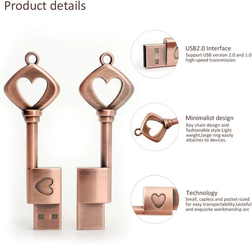 Vista 2 de BorlterClamp Memoria Stick Retro Metal Love Heart Key Drive de 32 GB USB 2.0 Flash Drive