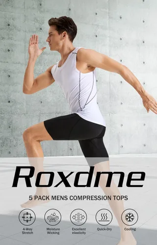 Vista 4 de Roxdme Paquete de 5 camisetas de compresión atléticas para hombre, sin mangas, para correr, baloncesto, entrenamiento, capa base