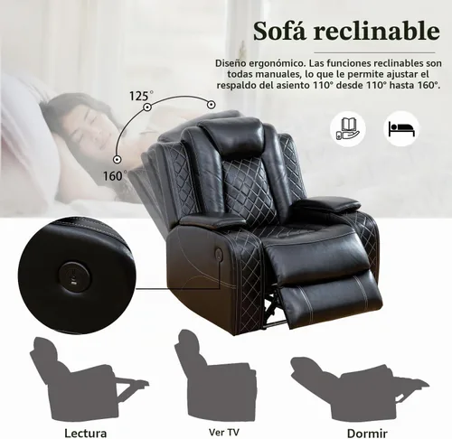 Vista 6 de Juego de sofá reclinable multifunción de cuero Power Air con luces LED, muebles de sala de estar, sofá reclinable, sofá biplaza, silla con puerto