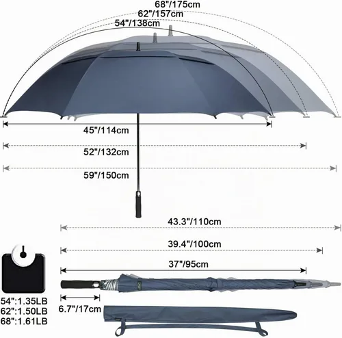 Vista 3 de G4Free 54/62/68 Pulgadas Paraguas de golf extragrande resistente al viento con protección UV, apertura automática, doble cubierta ventilada Azul