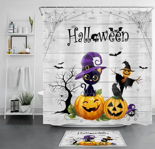 Vista 14 de LB Cortina de ducha espeluznante de murciélago de Halloween para baño, cortina de ducha de tela blanca y negra con ganchos, divertido juego