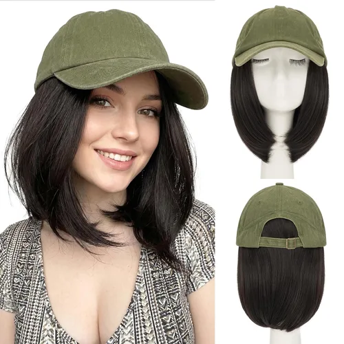 Vista 33 de SEGO - Gorra de béisbol con extensiones de cabello para mujer, resistente al calor, sintético, 6 pulgadas, ajustable, corta, recta, peluca