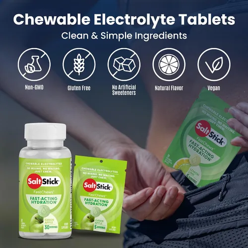 Vista 4 de SaltStick Electrolyte FastChews - 120 unidades sabor manzana verde - Tabletas masticables de electrolitos para la hidratación, pastillas de sal - 10