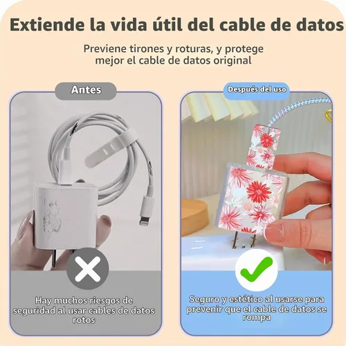 Vista 4 de Lindo protector de cable para cargador adaptador de iPhone, diseño de flores de crisantemo rojo, cable de datos de TPU suave, funda USB-C