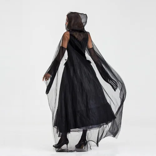 Vista 4 de Vestido de Halloween para mujer, disfraz de bruja con capa de muerte