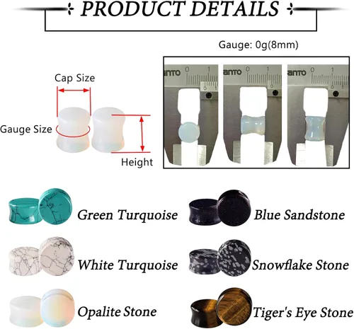Vista 21 de Qmcandy - Juego de 6 pares / 16 pares de dilatadores para las orejas, de piedra mixta, expansores, conjunto de perforación corporal calibre 8G a 3/4