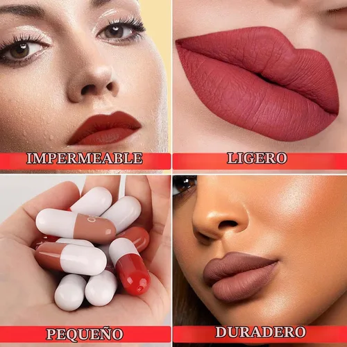 Vista 4 de Juego de 18 pastillas de cápsula de lápiz labial, mini juego de lápices labiales de maquillaje mate, de larga duración, impermeable, lindo, lápiz