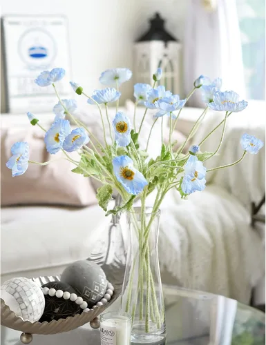 Vista 4 de FiveSeasonStuff Ramo de flores artificiales de amapolas de seda para recuerdo, hogar, boda, 22 pulgadas, 6 tallos (azul hielo antártico)
