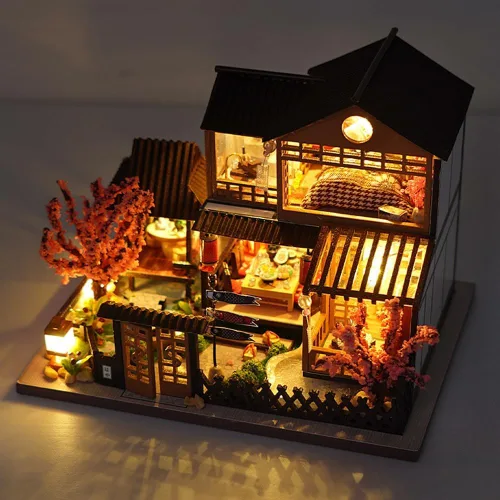 Vista 7 de Casa de muñecas de madera en miniatura japonesa/mar/mercado de casas de coches, kit de casa de muñecas, construcción de villas, modelo 3D, regalos