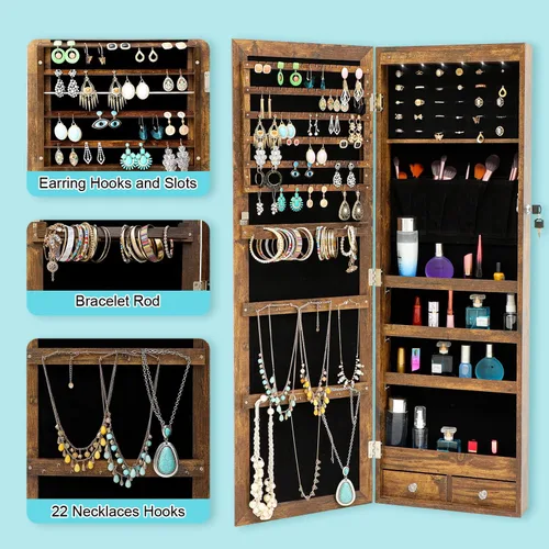 Vista 3 de HomVent Armario de joyería con espejo de 6 LED, espejo con almacenamiento de joyas, organizador de armario de joyería con cerradura, armario