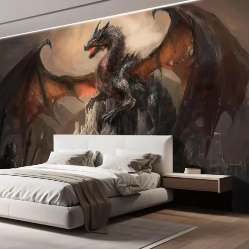 Vista 4 de wall26 Adhesivo mural de pared, hermoso guerra con el dragón en el castillo, no se pega ni se pega, papel tapiz no tejido decorativo para Obra