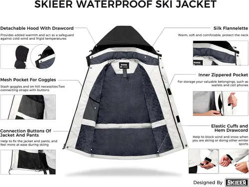 Vista 3 de Skieer Chaqueta de esquí impermeable para hombre, abrigo de snowboard de invierno con capucha, impermeable a prueba de viento